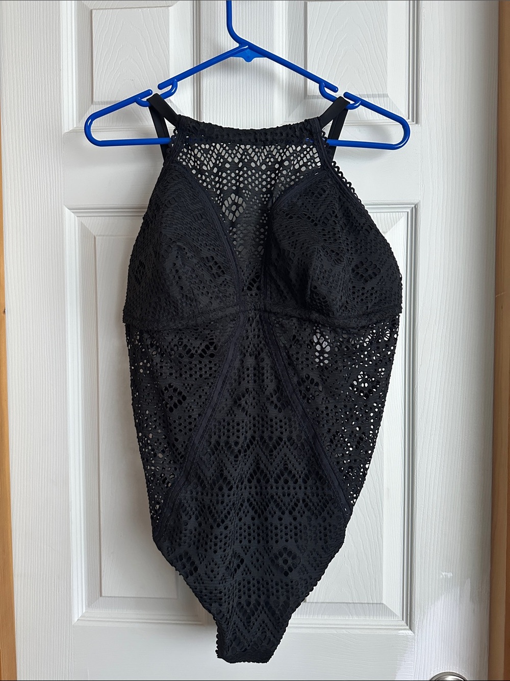 Black one piece swimsuit with sheer panels